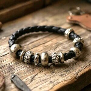 Vintage Black Braided Leather Bracelet with Silver-Tone Beads & Toggle Clasp
